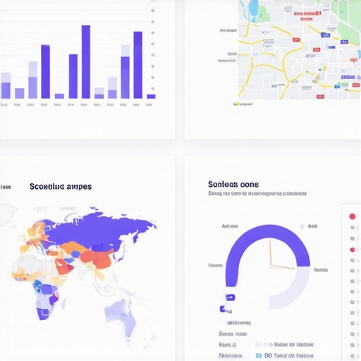 Analytics dashboard displaying local search data, graphs, and maps