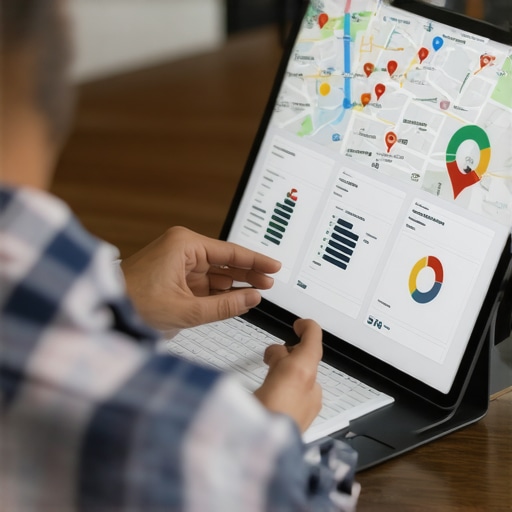 Advanced Local SEO Analysis for Plumbing Plumber reviewing SEO performance data on a tablet with maps and charts