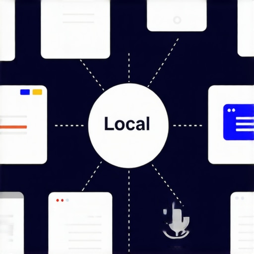 Illustration of local SEO tactics such as schema implementation, backlink building, and voice search optimization.