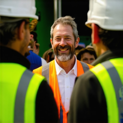 Tradespeople participating in a neighborhood event, engaging with community members
