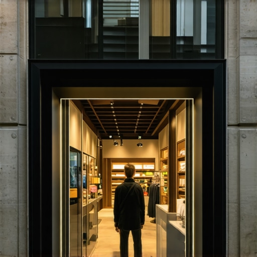 Futuristic storefront with AR overlays in a cityscape.