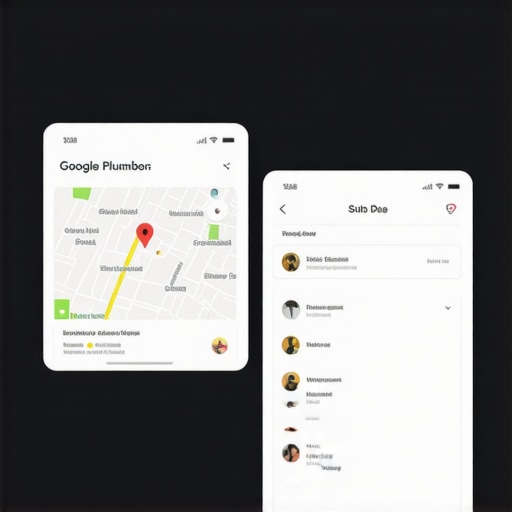 Graphical illustration of a plumber's Google Maps profile with analytics dashboard and engagement metrics