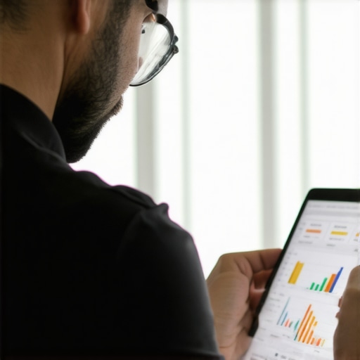 Business owner reviewing SEO analytics on a tablet in a local business setting.