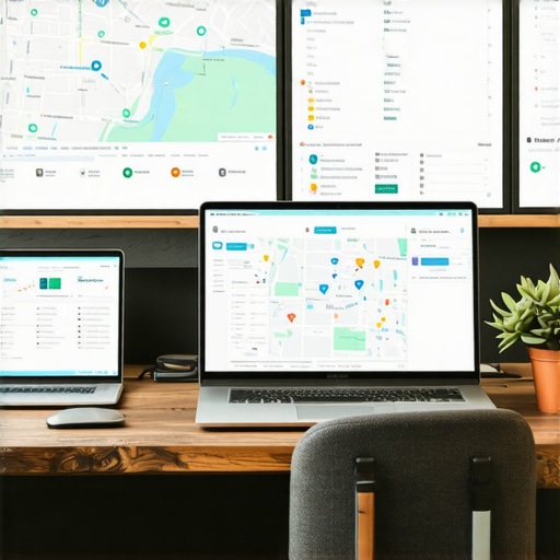 Digital marketing workspace with SEO analytics and maps optimization tools.