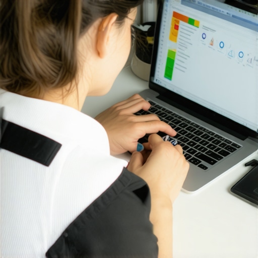 Person working on structured data schema on a laptop in an office environment.