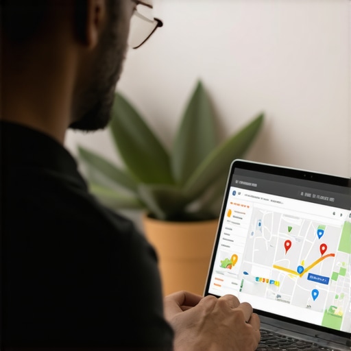 Business owner analyzing local SEO data on laptop with community event visuals.