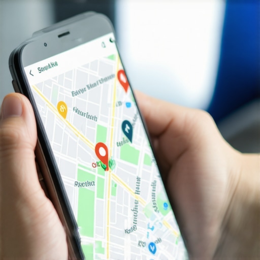 Technician with smartphone showing local map for targeted marketing.