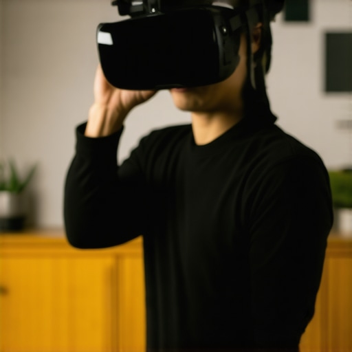 A customer using virtual reality goggles to view a home renovation project.