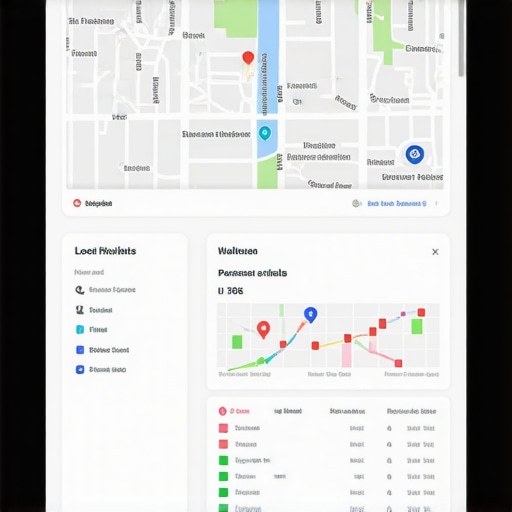 Screenshot of local SEO performance analytics with maps and graphs.