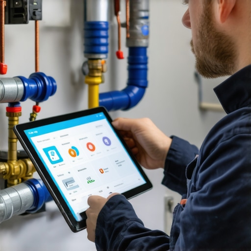 Plumber with digital tablet analyzing plumbing system for local SEO optimization.