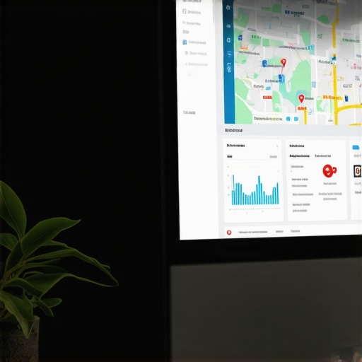 A computer monitor showing charts and maps related to local SEO analytics
