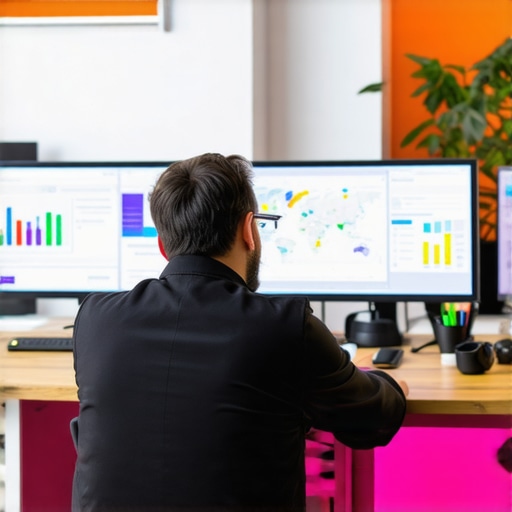 Business owner reviewing local map ranking insights on a computer screen in a modern office environment.