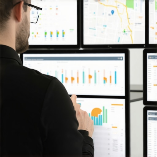 SEO analyst analyzing local map ranking data on computer screens.