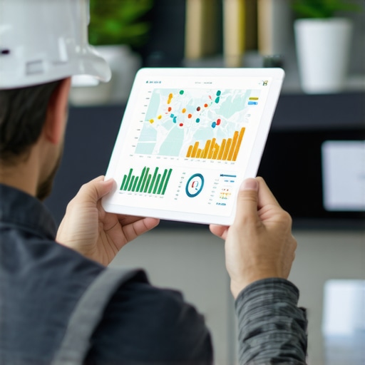 Contractor reviewing SEO analytics dashboard with maps and graphs