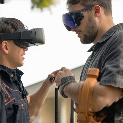 Plumber using AR glasses to show repair process to a homeowner in a community.