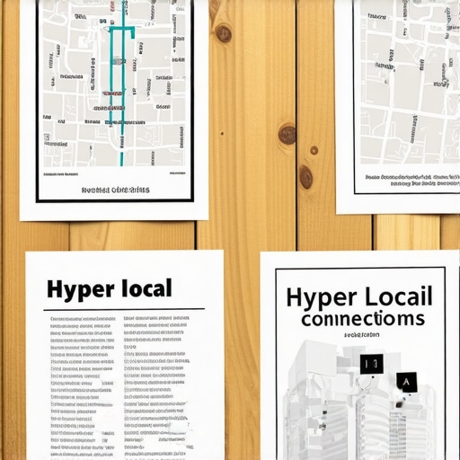 A community board filled with neighborhood maps, local business flyers, and testimonials, symbolizing hyper-local content strategies.