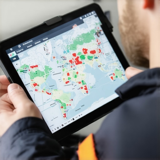 Technician using tablet with Geo-Fencing map showing localized service area
