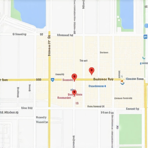 Diagram of a local map with plumbing businesses highlighted, overlayed with data analytics icons.