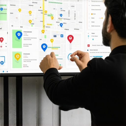 Expert analyzing local SEO data with maps and analytics tools.