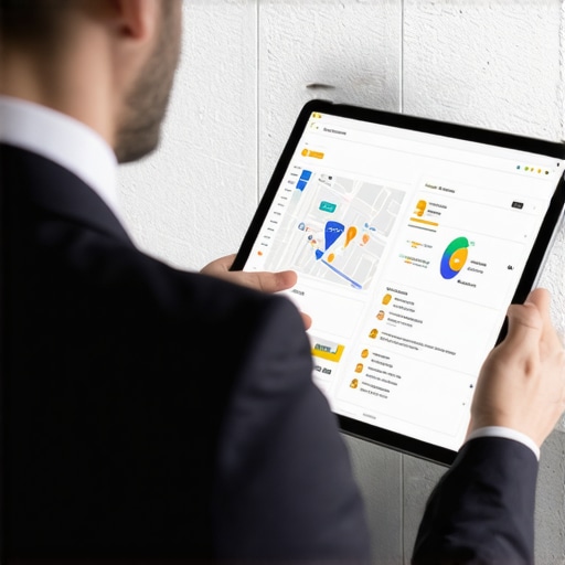 Business owner reviewing local SEO performance data on a tablet with city map background.