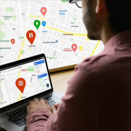 A contractor analyzing local SEO data on a laptop with digital maps and SEO icons.