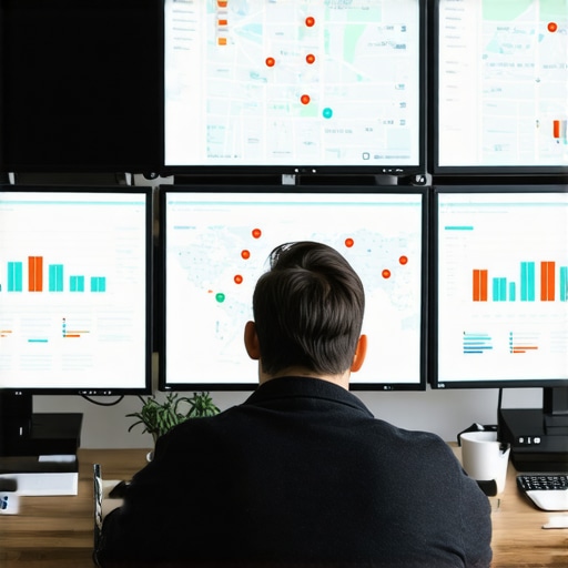 Expert analyzing local SEO performance metrics on digital screens.