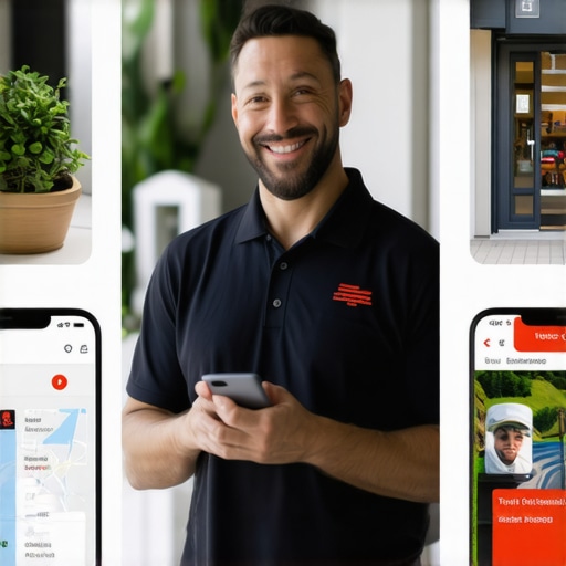 A technician interacts with voice search, views a virtual tour on a tablet, and local storefronts illustrate multimodal optimization.