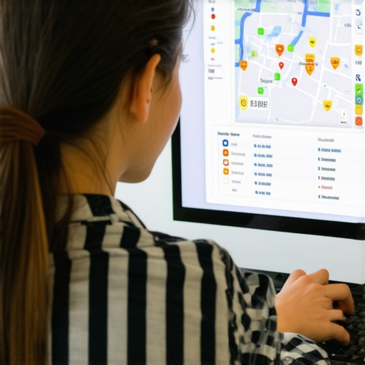 Marketing expert reviewing local SEO analytics with maps and review metrics.