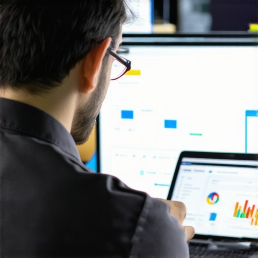 Plumber analyzing SEO analytics on a digital tablet in an office setting