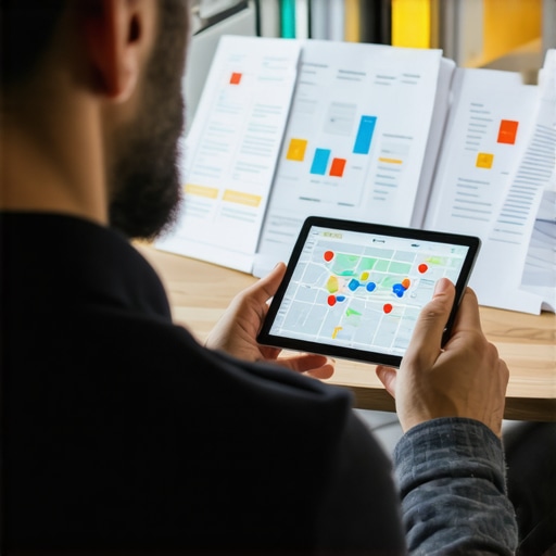 Business owner reviewing maps and SEO data on a tablet for local search optimization