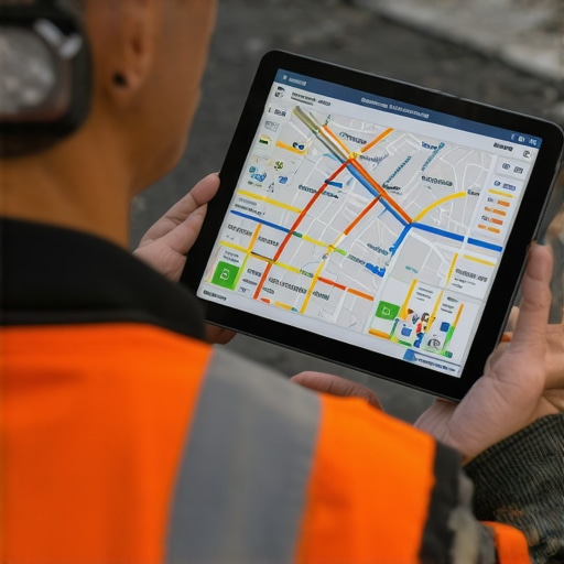 Contractor analyzing maps and SEO data on a tablet for local maps ranking strategies.