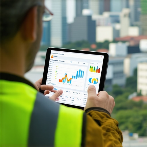 Contractor reviewing local SEO performance charts on a tablet in an urban setting