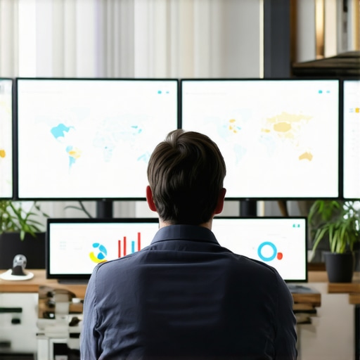 A professional analyzing local SEO performance metrics on digital dashboards to optimize map rankings.