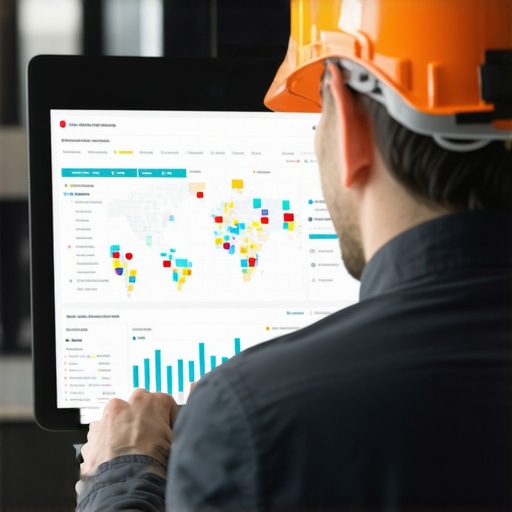Contractor studying local SEO analytics displayed on a digital map and charts.