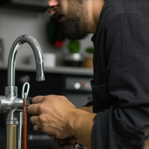 Professional plumber fixing a sink with tools in a contemporary kitchen.