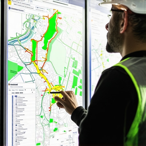 Contractor reviewing digital geospatial maps highlighting service areas