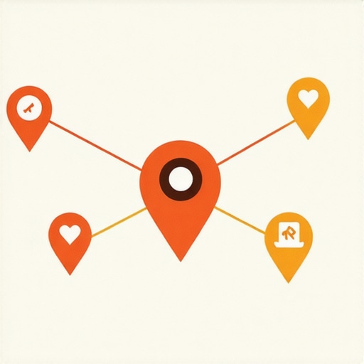 Diagram showing schema markup, community engagement, and voice search optimization for local map dominance.