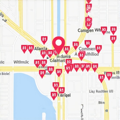 Local SEO Growth Analytics Map with growth trend indicators and local business markers.