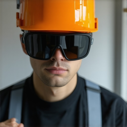 A plumber with augmented reality glasses visualizing pipe repair on-site.