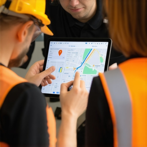 Contractors analyzing SEO analytics in a digital mapping dashboard.