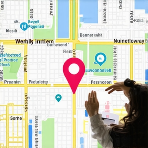 A digital map interface showcasing hyper-local images, AR overlays, and schema markups for local SEO enhancement.