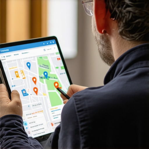 Plumber reviewing digital map with SEO signals.