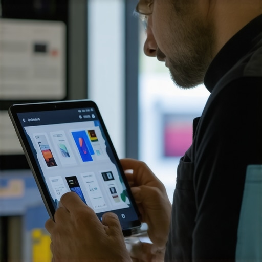 Technician engaging with AR tablet to showcase smart home system repair