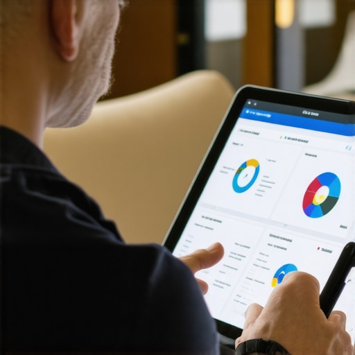 Contractor reviewing local SEO analytics on a tablet in a home setting.