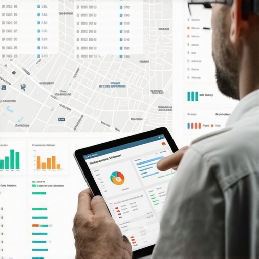 A professional contractor reviewing SEO performance metrics on a tablet with a city map and data charts in the background.
