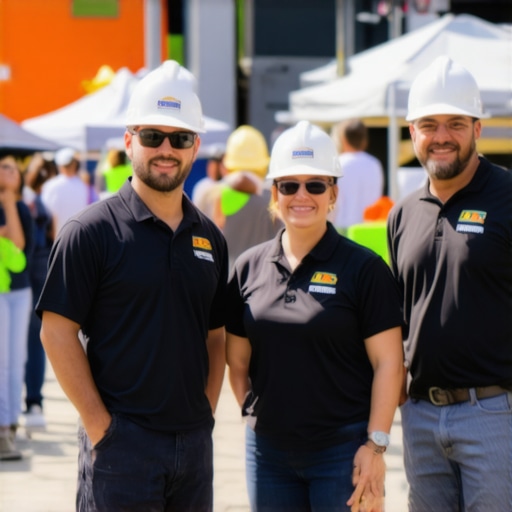 Contractors interacting with local residents during a community event, showcasing branding and friendly engagement.