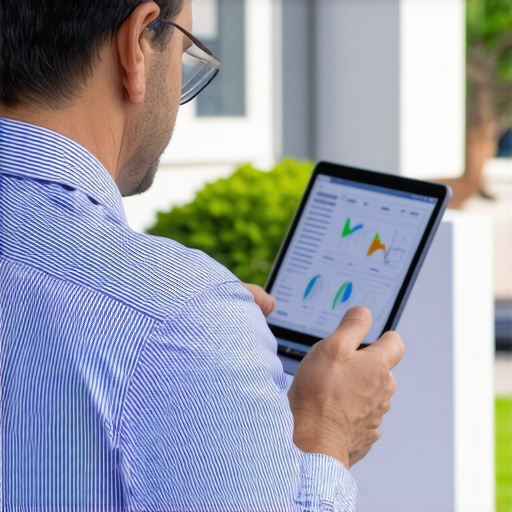 Trade professional analyzing local SEO data on a tablet in a busy neighborhood.