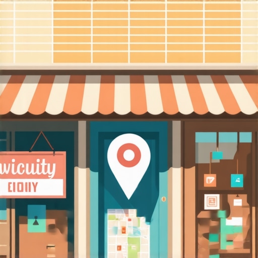 Business storefront surrounded by local neighborhood signs and map icons.