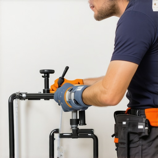 Photograph of a plumber installing fixtures in a bathroom during a local project in a suburban area.