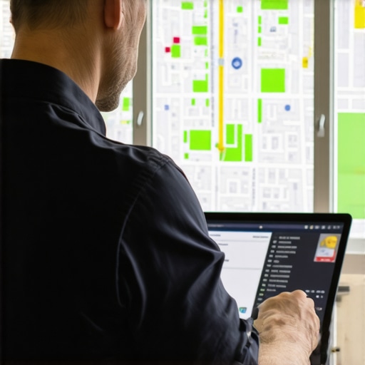 Local tradesperson optimizing online profile Tradesperson updating business profile on a laptop with neighborhood map in background.